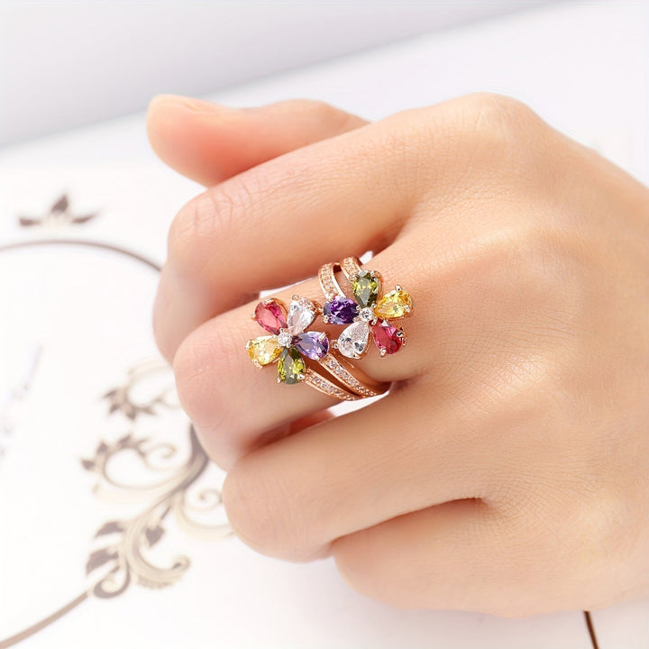 Colorful Zirconia Double Blossom Ring