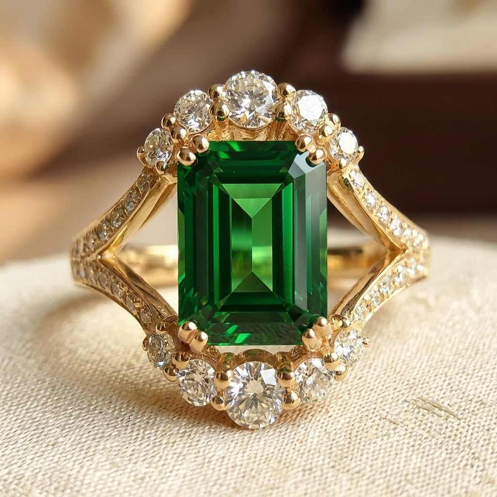 Emerald Halo Gold Ring