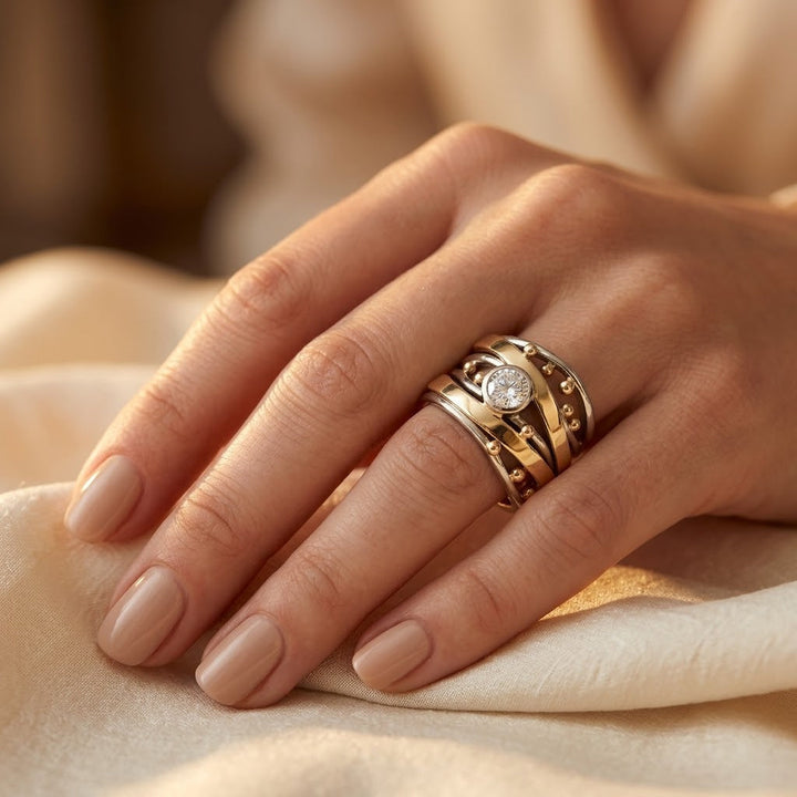 Gold and Silver Bezel-Set Crossover Ring