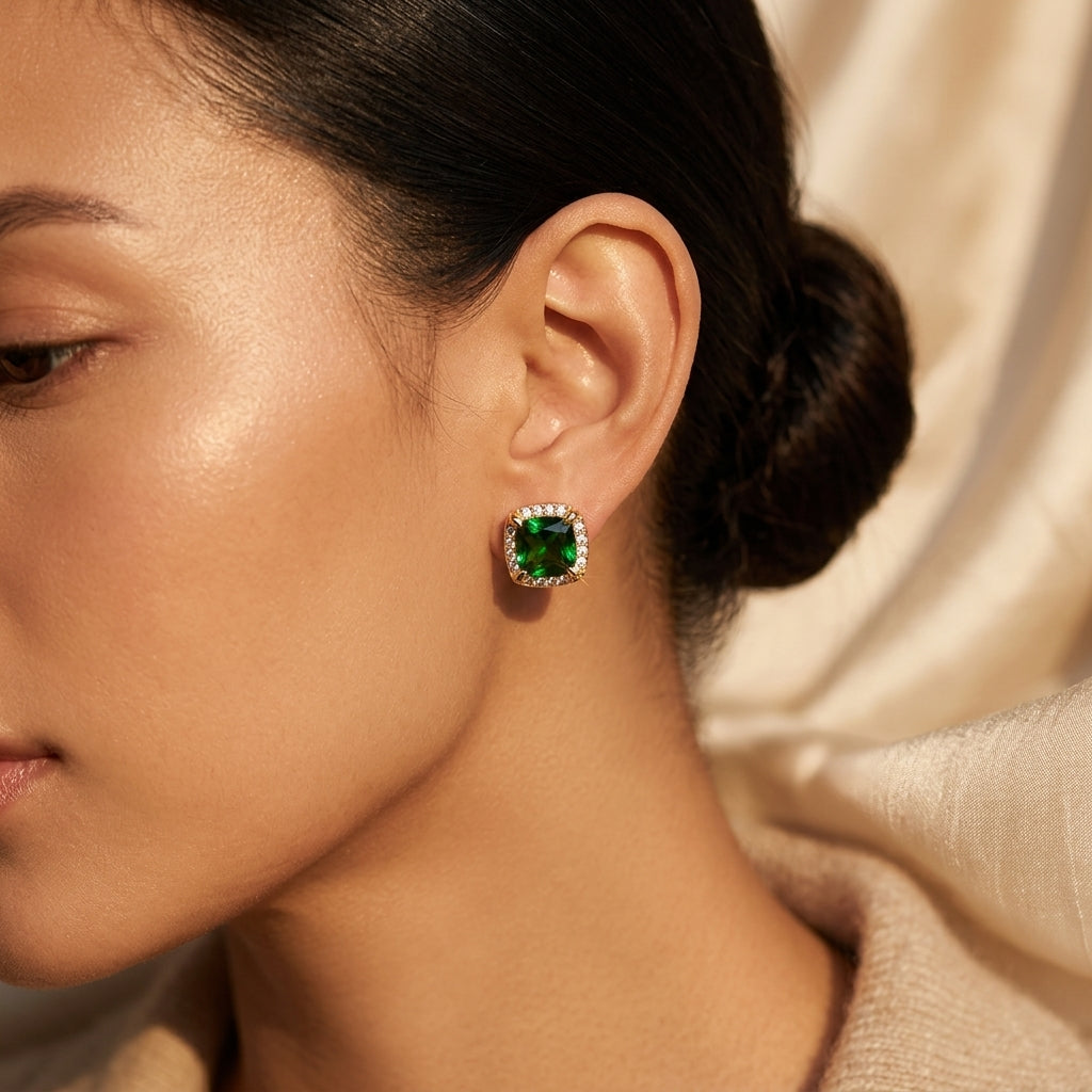 Emerald-Topped Gold Stud Earrings