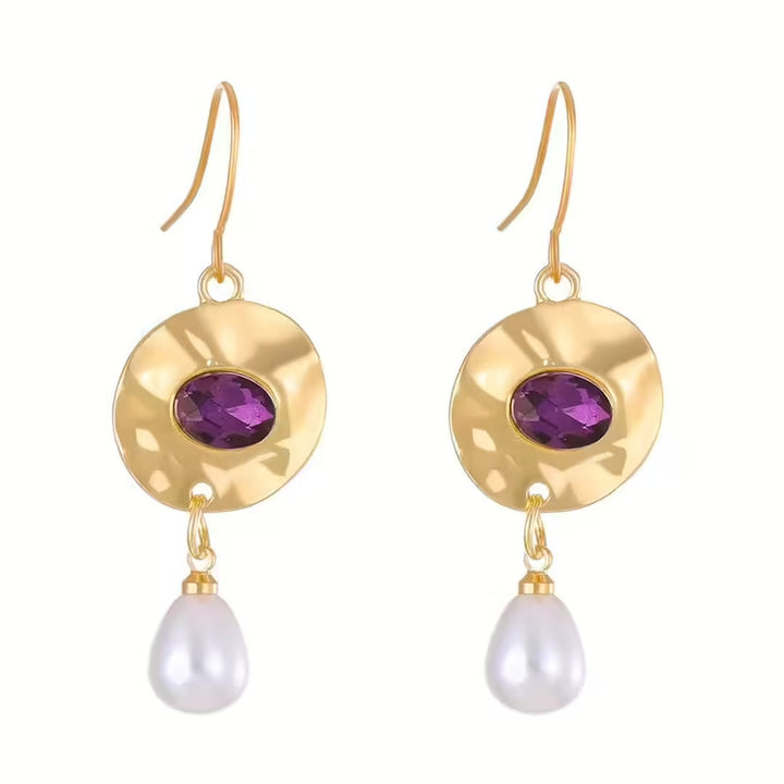 Pearl Earrings Adorned with Purple Zirconia Gems