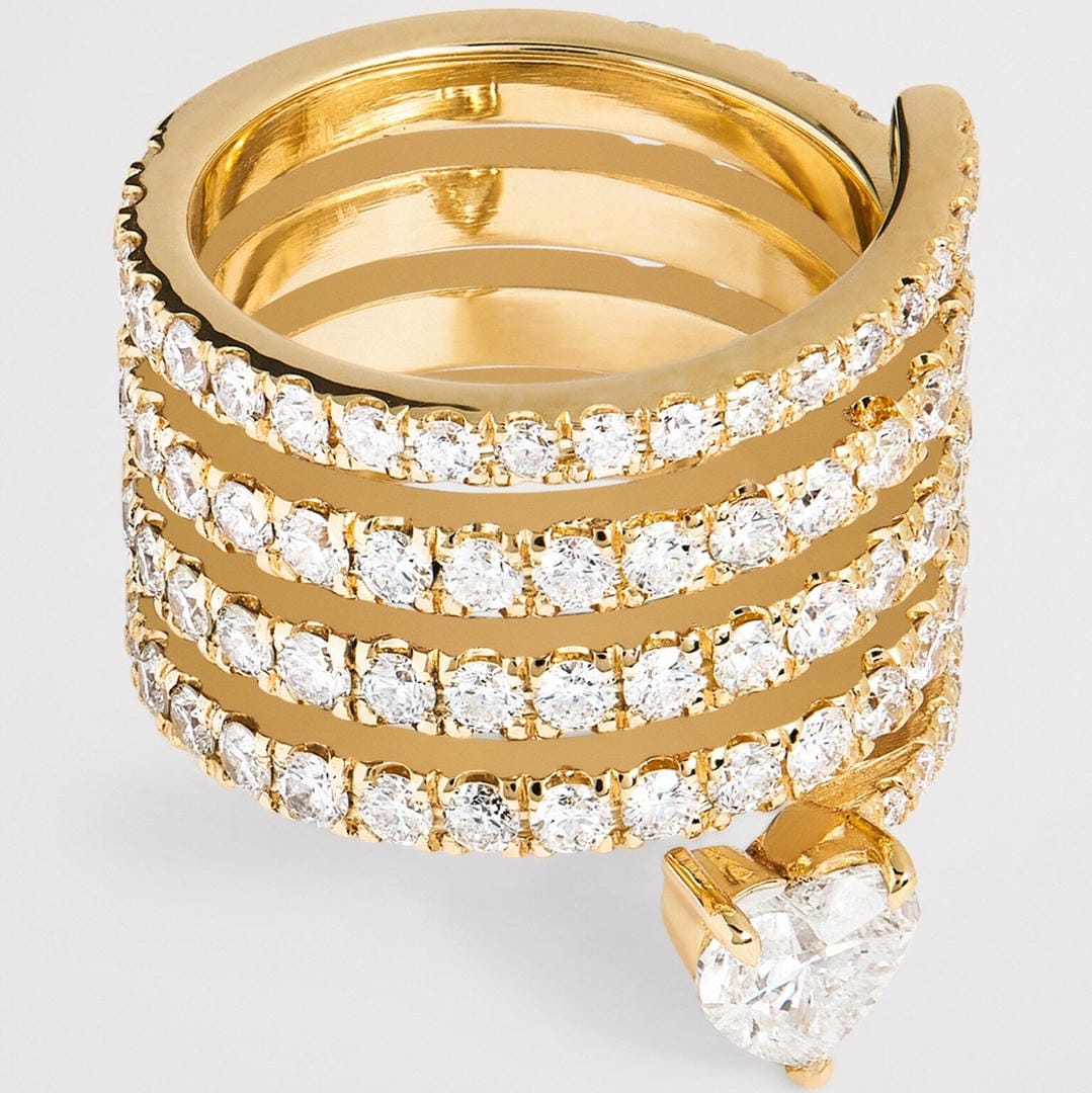 Retro Gold Heart Wrap Ring Featuring Zirconia Details