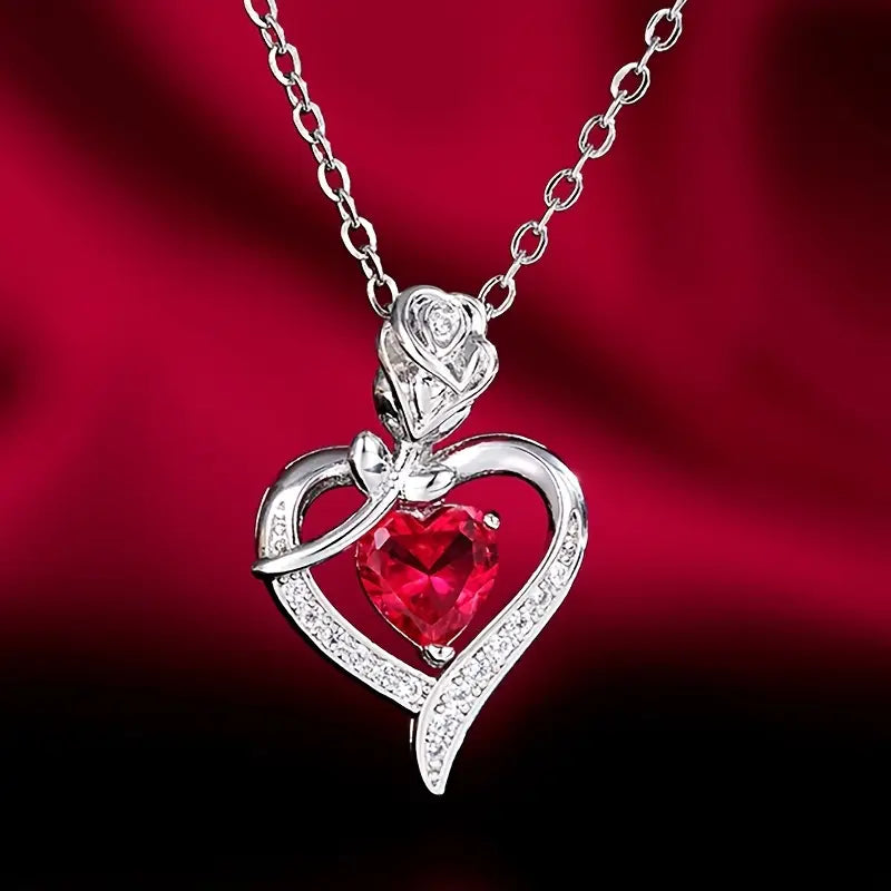 Ruby Heart Pendant on Silver Necklace