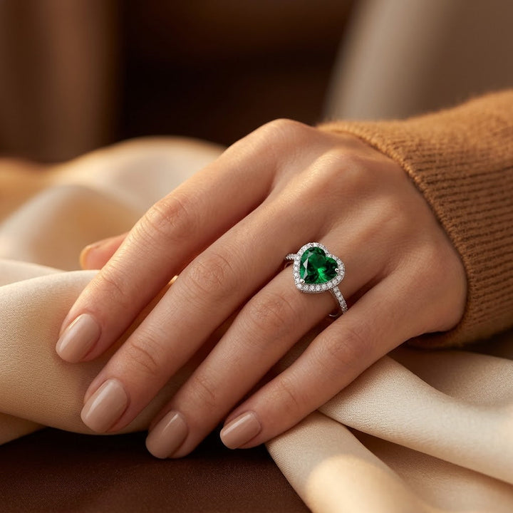 Silver Heart Halo Ring with Emerald