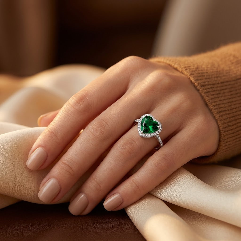 Emerald-Accent Silver Heart Halo Ring
