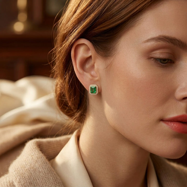 Gold Halo Stud Earrings with Emerald Square Gemstone