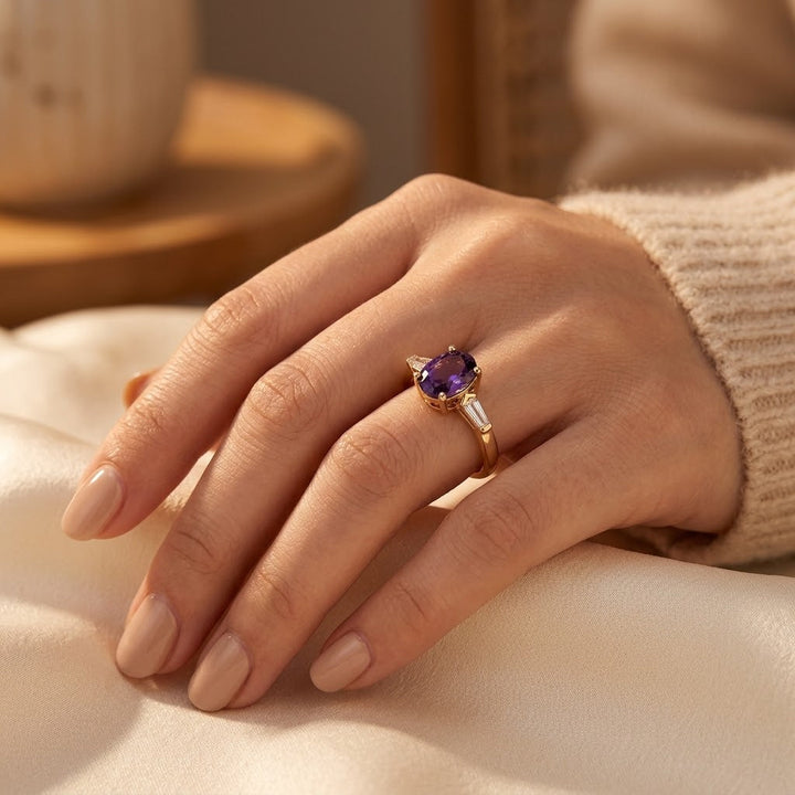 Amethyst Trio Stone Gold Band Ring