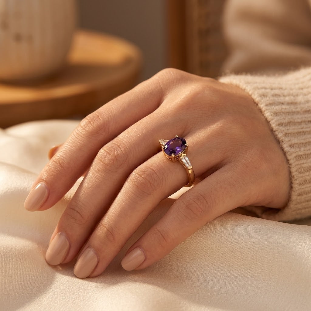 Amethyst Triple-Stone Gold Ring