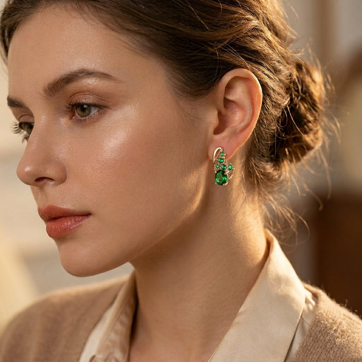 Emerald Cluster Drop Earrings with Gold Accents