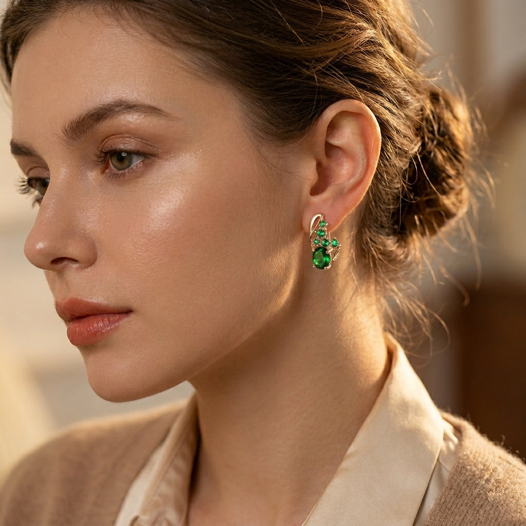 Emerald Cluster Drop Earrings in Gold