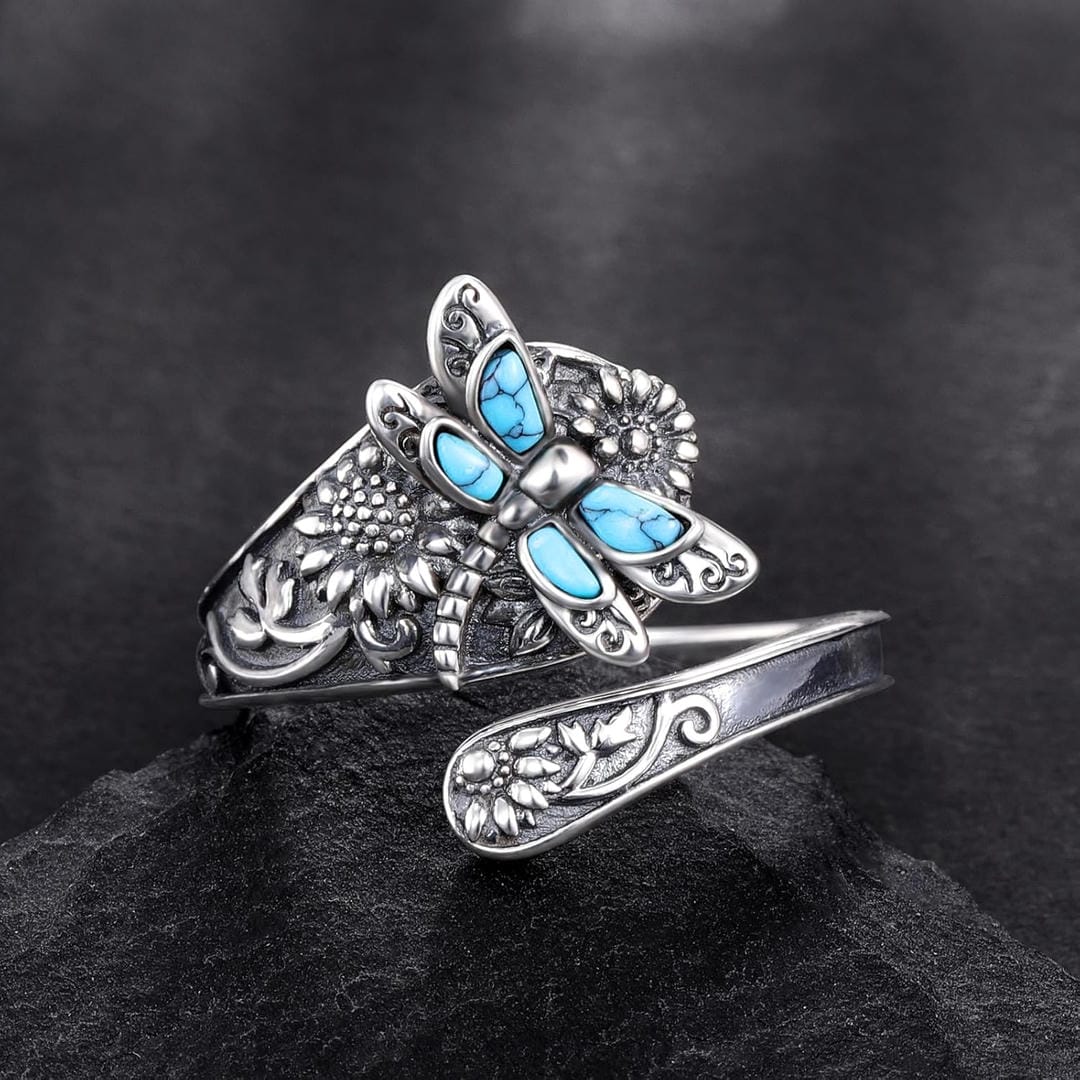 Adjustable Silver Dragonfly Ring Featuring Turquoise Detail
