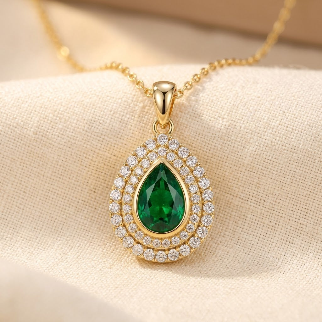 Gold Teardrop Necklace with Emerald Pendant