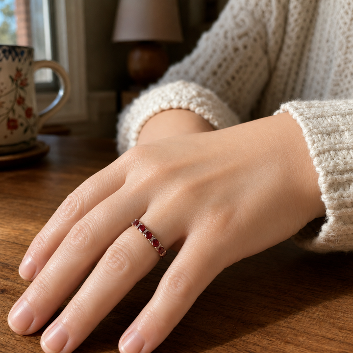 Gold Ring with Red Crystal Inlays