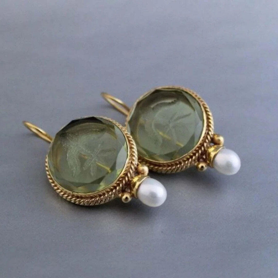 Retro Jade Gemstone and Pearl Earrings