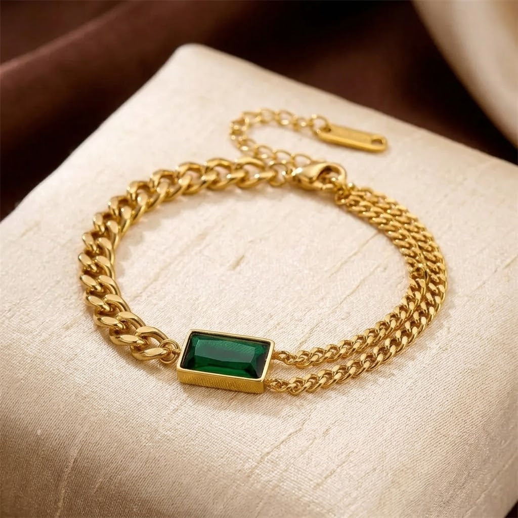 Gold Emerald Bar Chain Bracelet