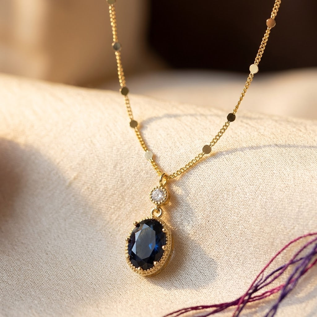 Gold Oval Drop Necklace with Sapphire Gemstone