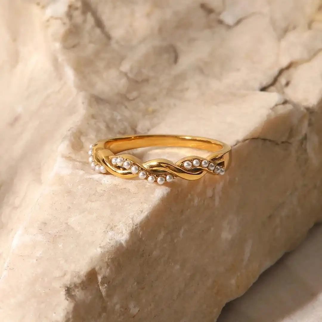Elegant Twisted Pearl Gold Stacking Ring