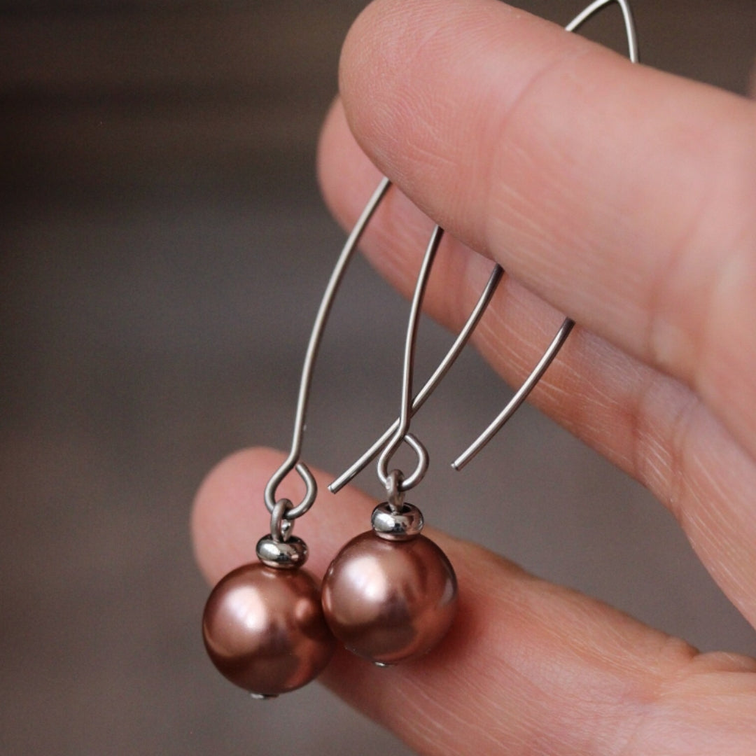 Silver-Plated Pearl Drop Earrings with Bronze Accents