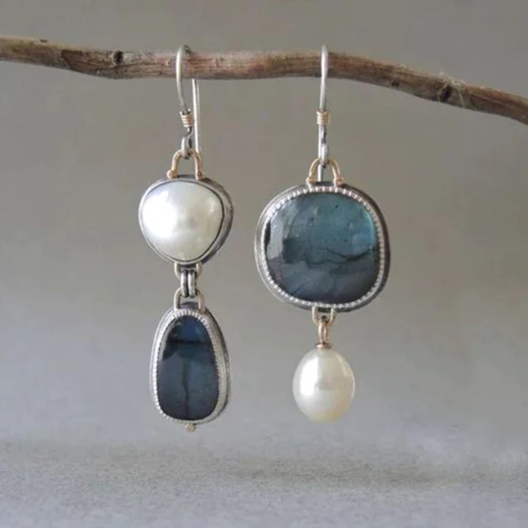 Vintage Blue Gemstone Pearl Earrings