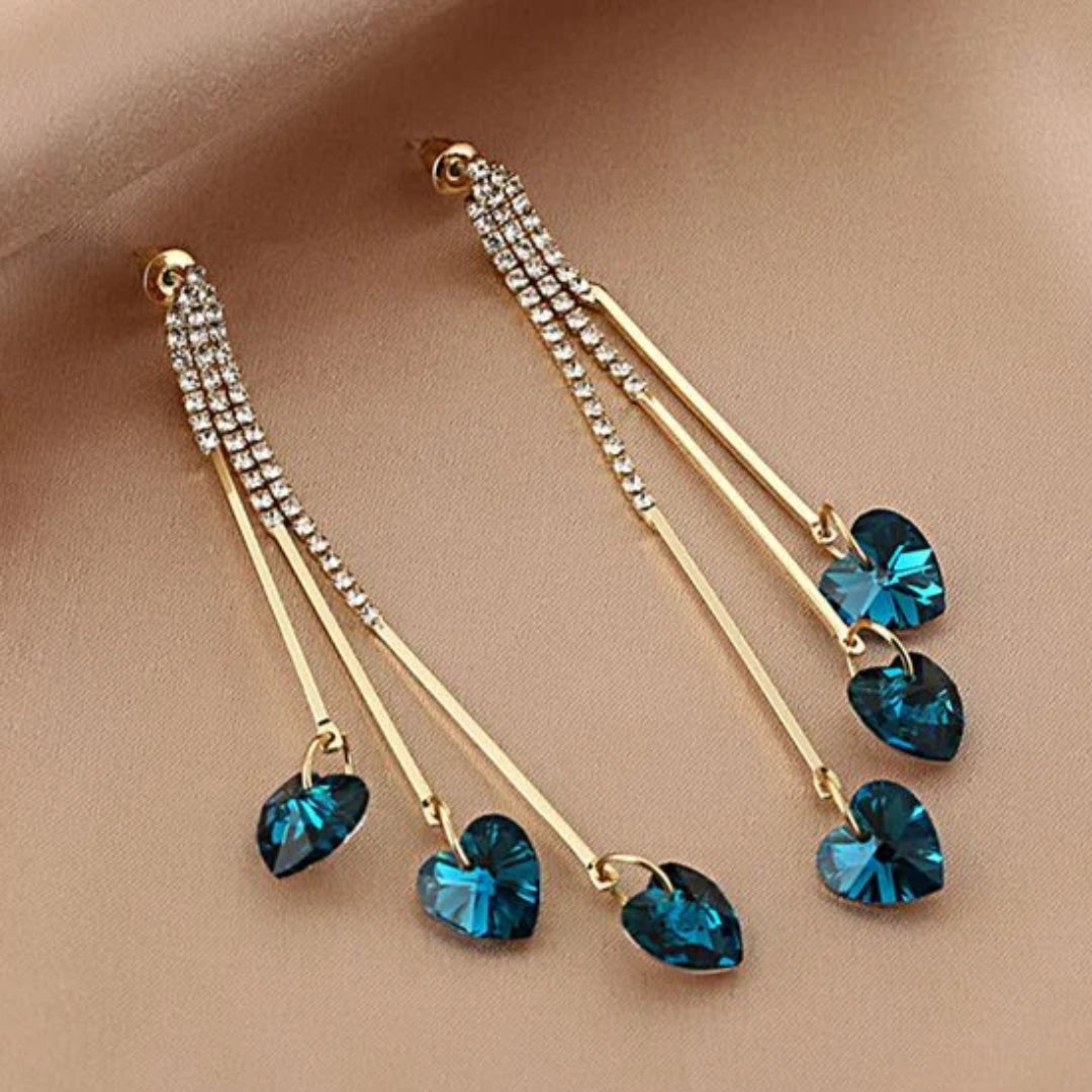 Delightful Blue Crystal Heart Drop Earrings