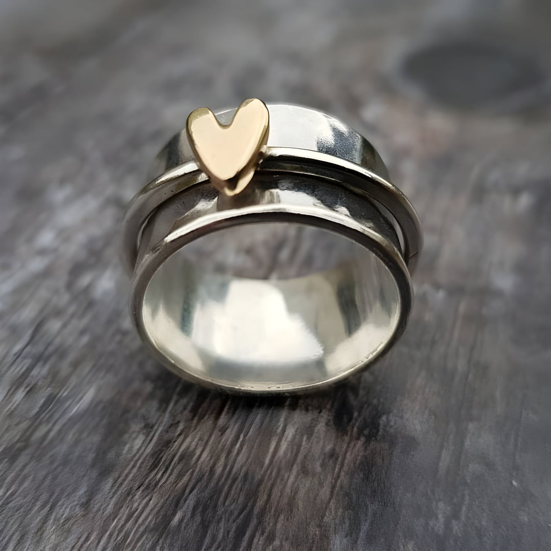 Retro Silver Ring with Golden Heart Accent