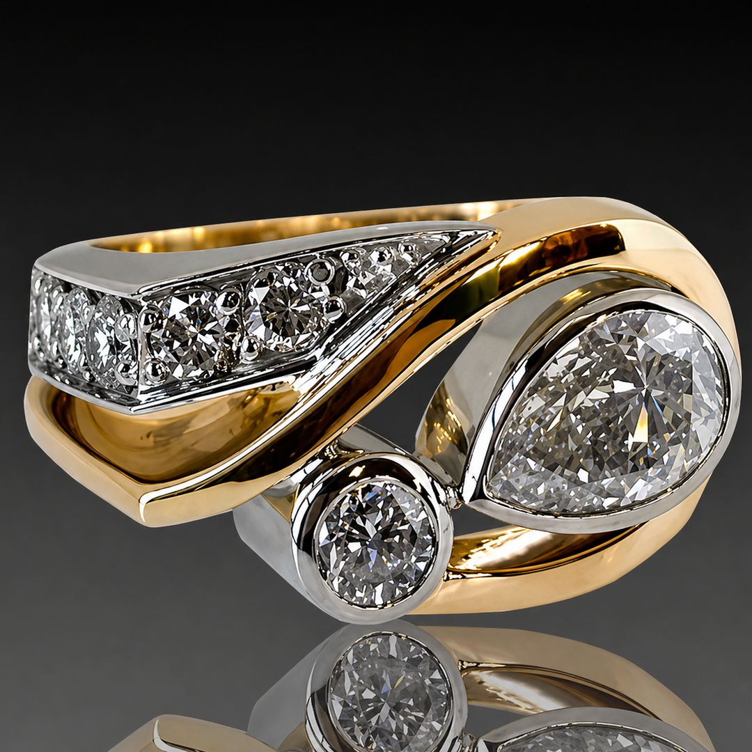 Retro Asymmetrical Gold and Silver Zirconia Ring