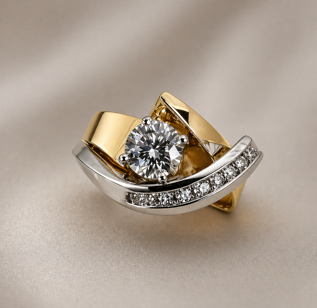 Retro Asymmetrical Gold and Silver Zirconia Ring