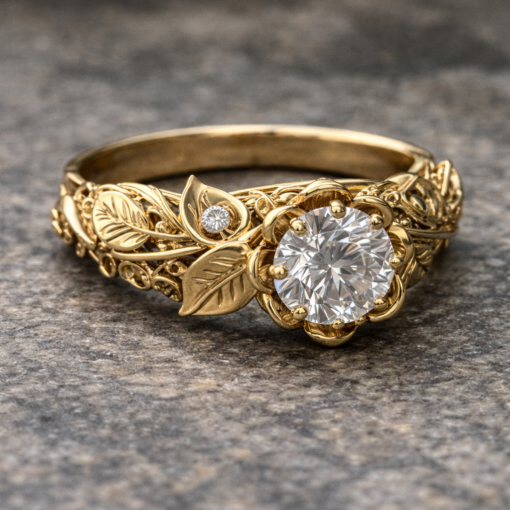 Zirconia Band Featuring Elegant Golden Leaf Motif