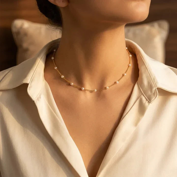 Gold Pearl Spaced Design Chain Necklace