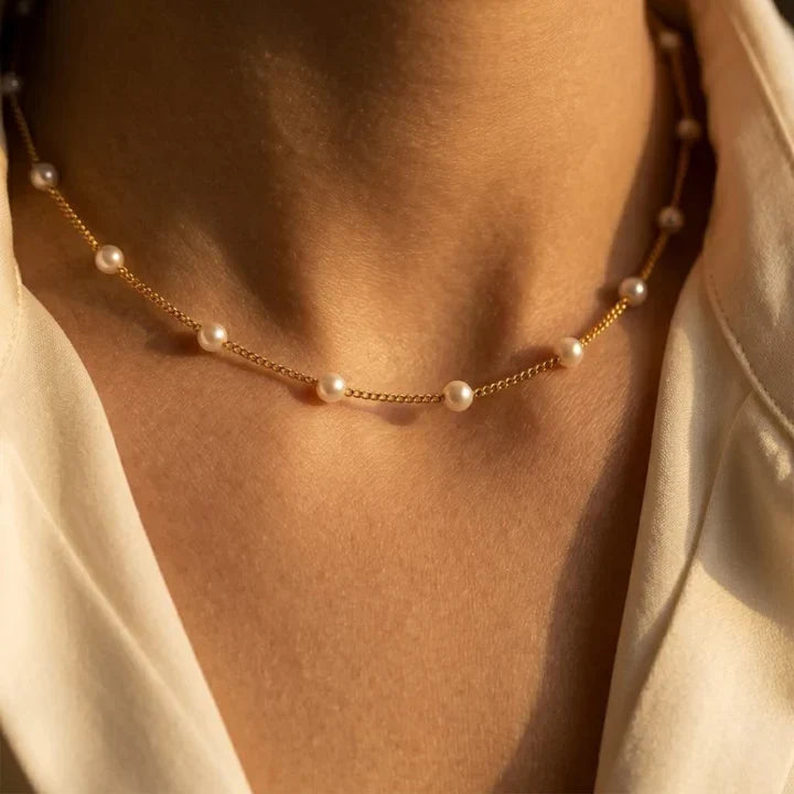 Gold Pearl Spaced Design Chain Necklace