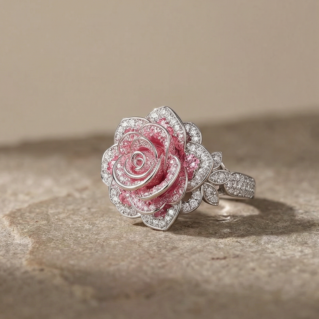 Chic Silver-Plated Ring Embellished with Pink Floral Motif