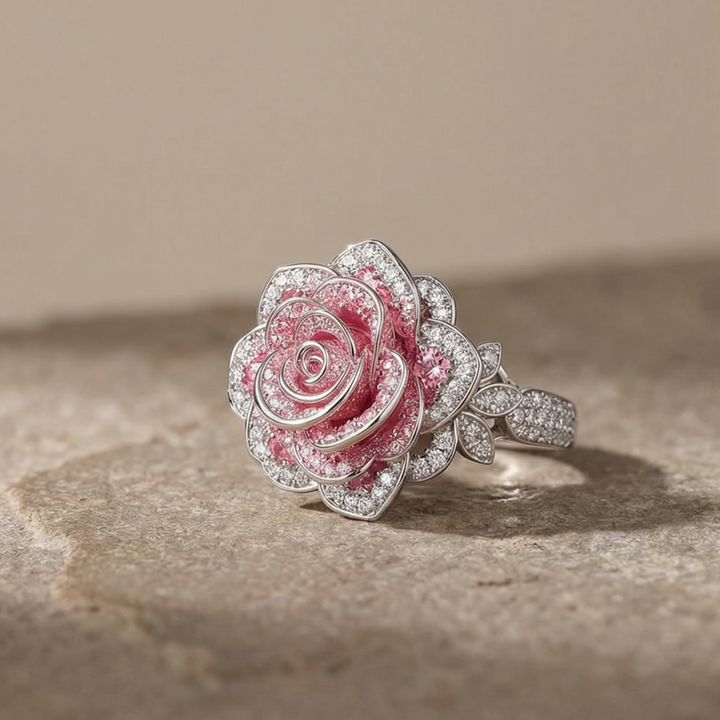 Chic Silver-Plated Ring Embellished with Pink Floral Motif