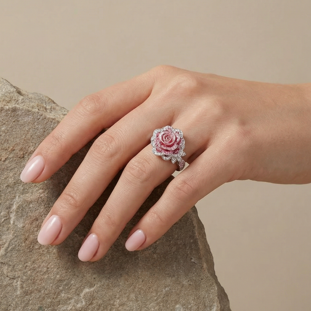 Chic Silver-Plated Ring Embellished with Pink Floral Motif