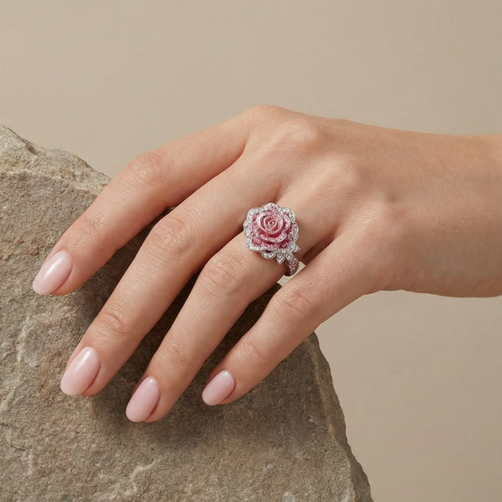 Elegant Silver-Plated Ring Adorned with Pink Floral Design