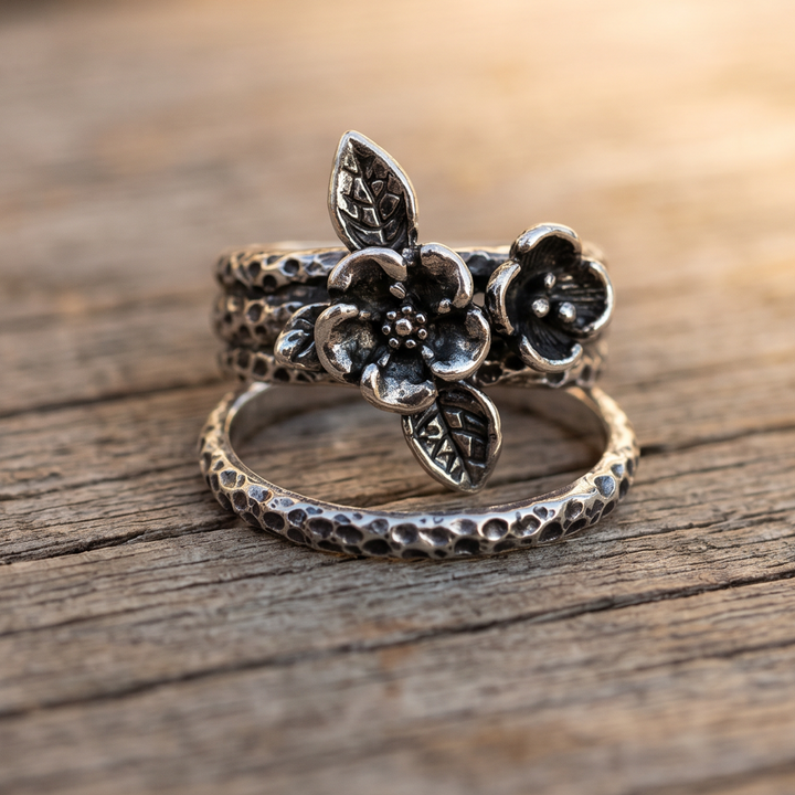 Vintage Floral Silver Stacked Ring