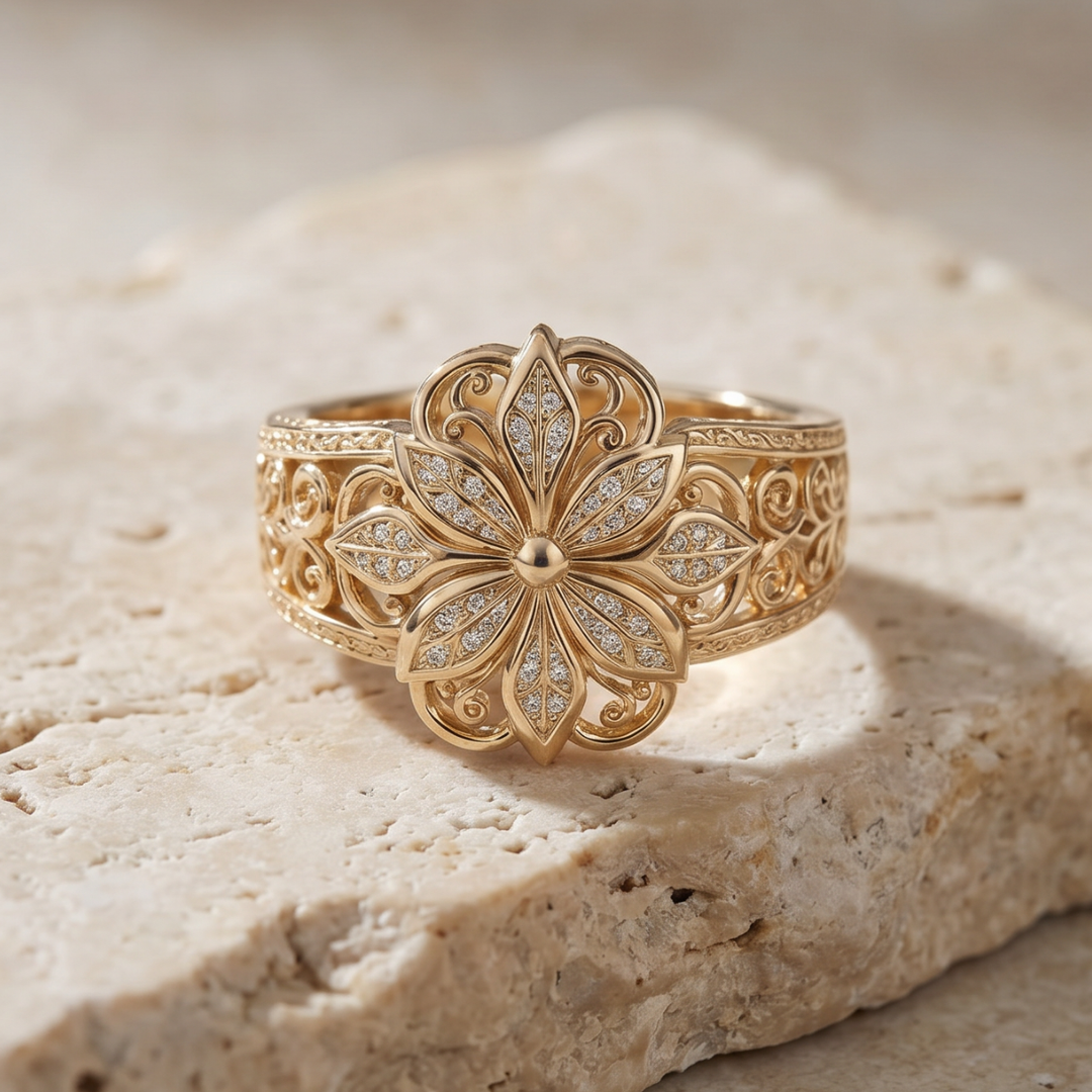 Elegant Floral Zirconia Gold Ring