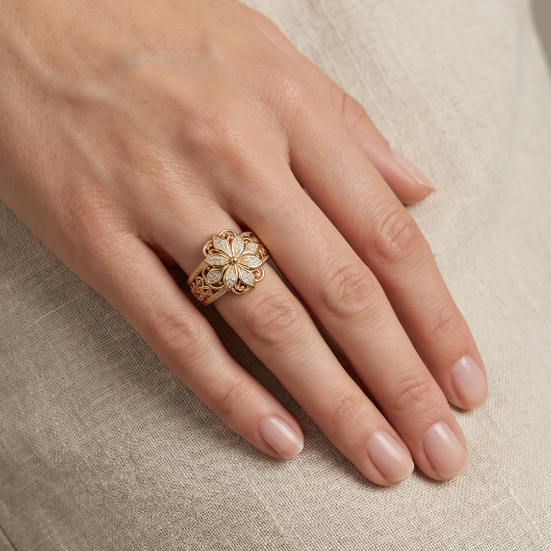 Elegant Floral Zirconia Gold Ring