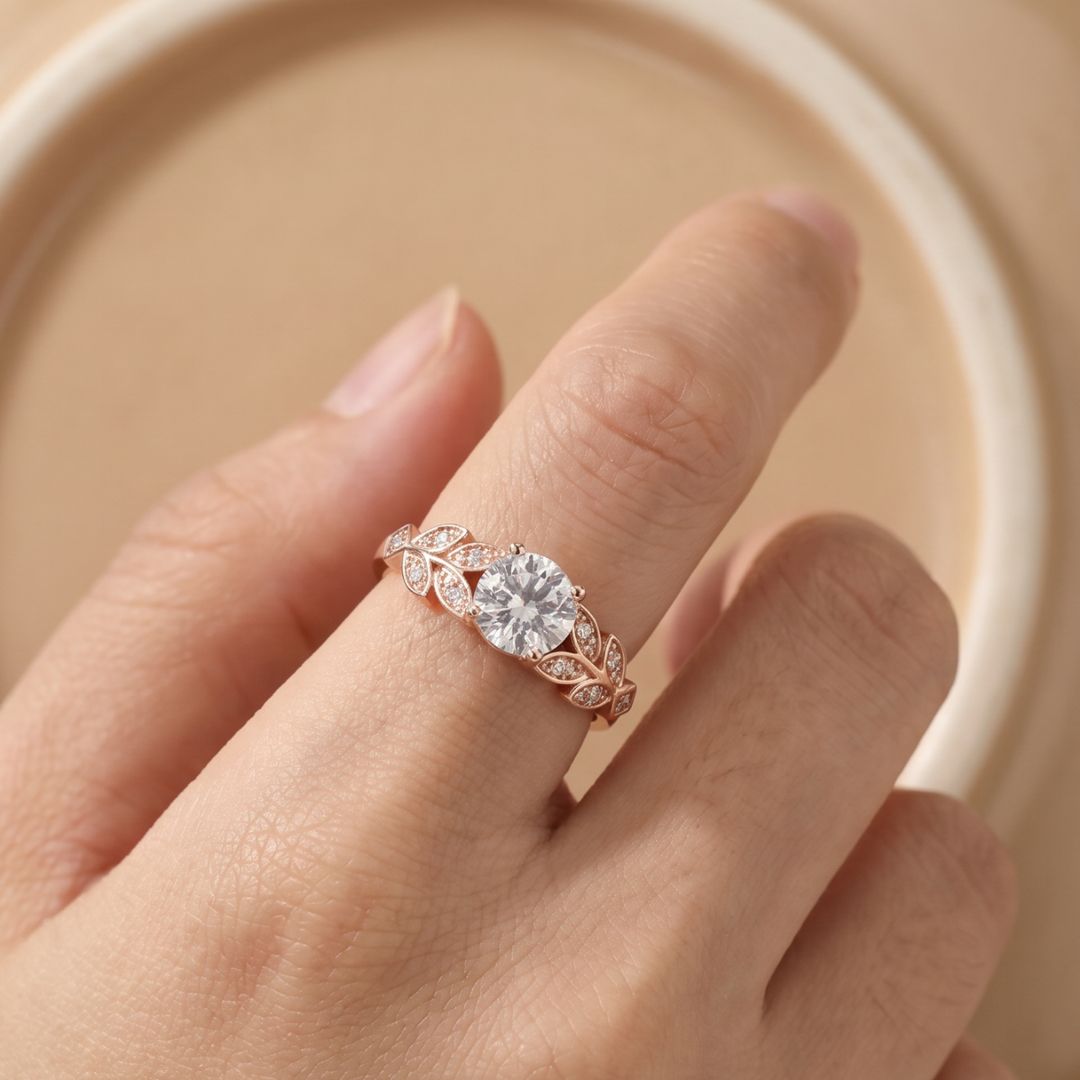 Zirconia Gold Ring with Unique Floral Crown Design