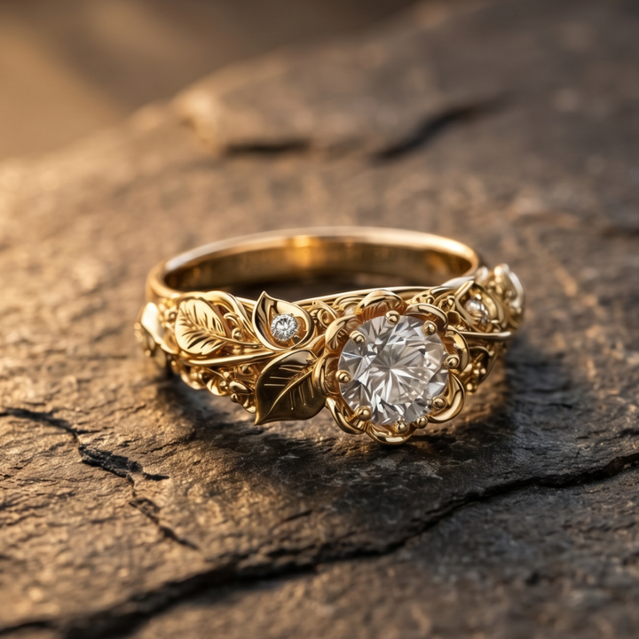 Zirconia Band Featuring a Golden Leaf Motif