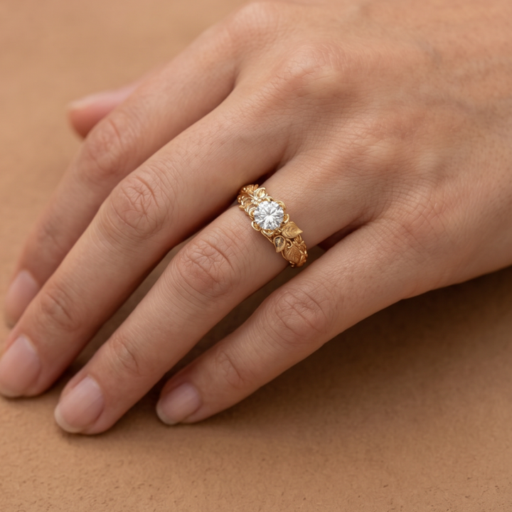 Zirconia Ring Adorned with a Golden Leaf Design