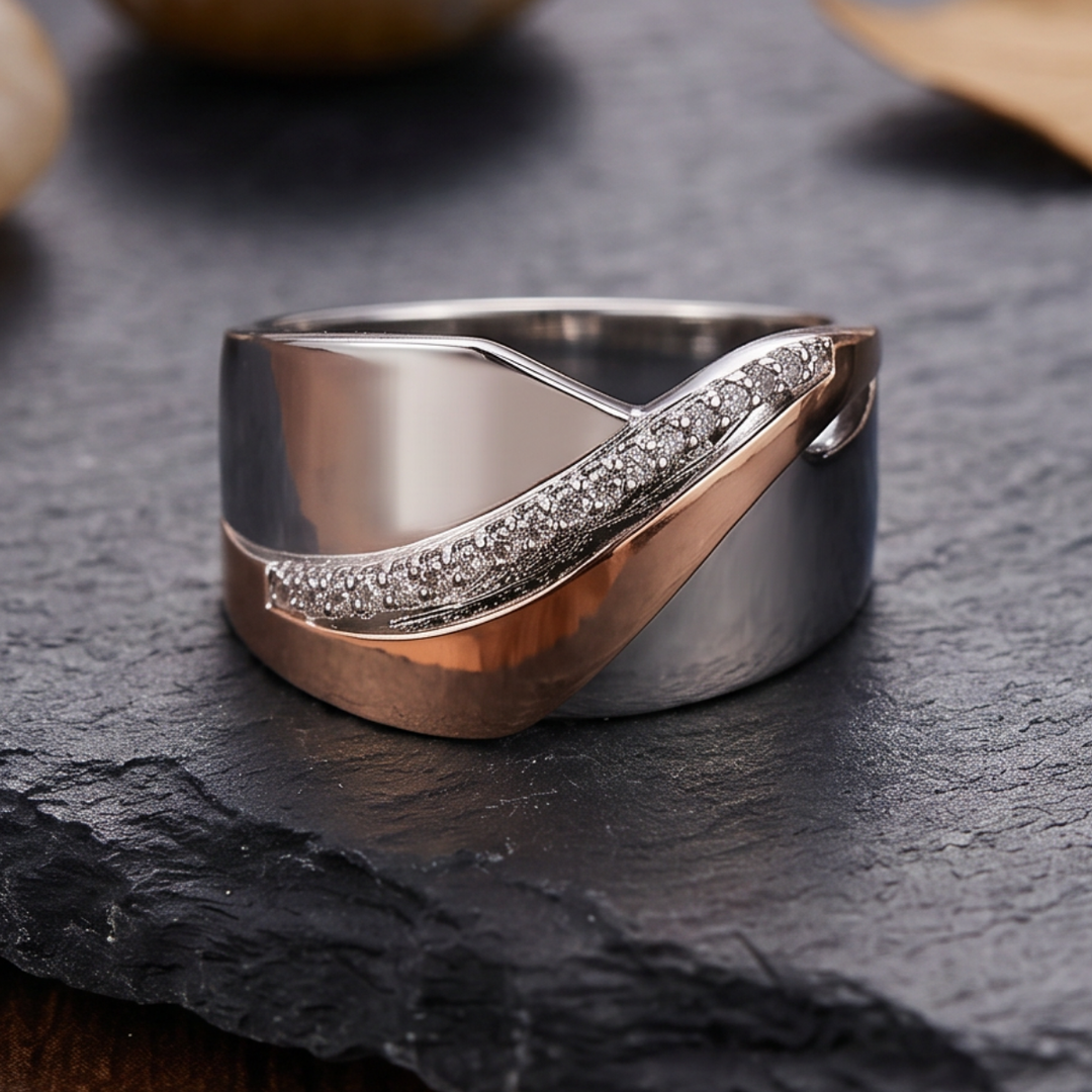 Retro-Inspired Silver and Rose Gold Ring Adorned with Zirconia