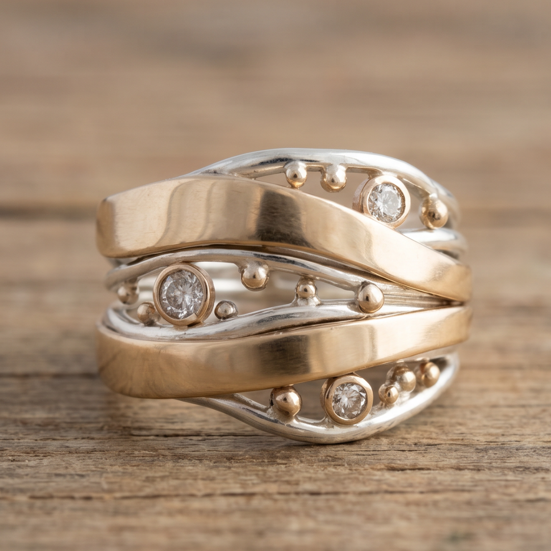 Retro Wavy Gold Zirconia Ring