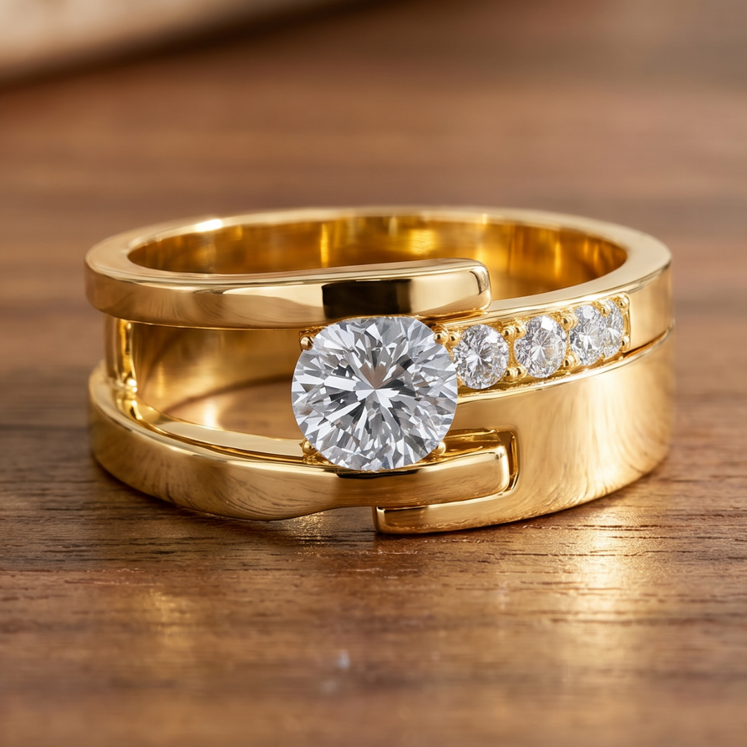 Vintage-Inspired Asymmetrical Zirconia Ring in Gold