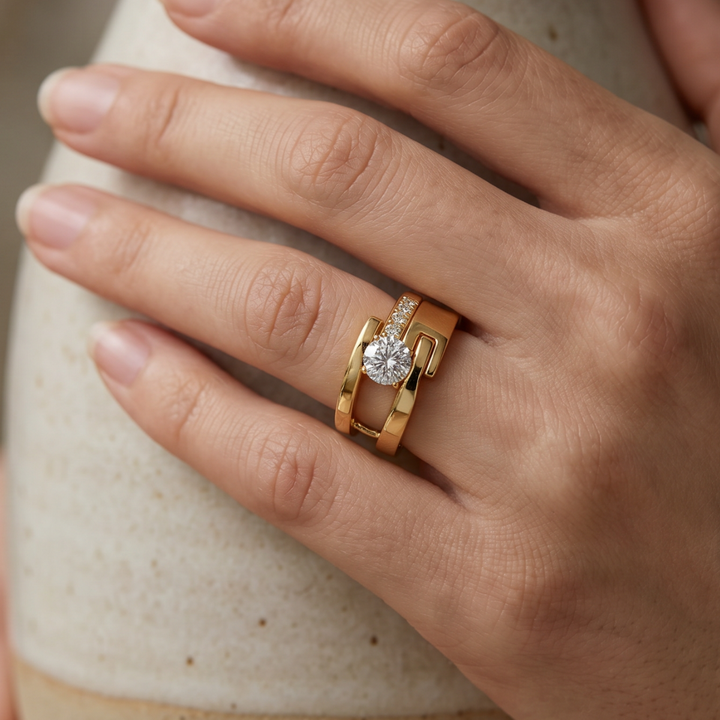 Retro-Inspired Gold Asymmetrical Zirconia Ring
