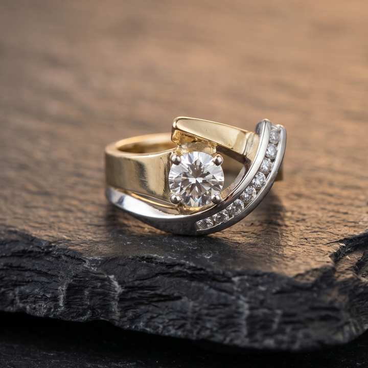 Vintage Asymmetrical Gold and Silver Zirconia Band