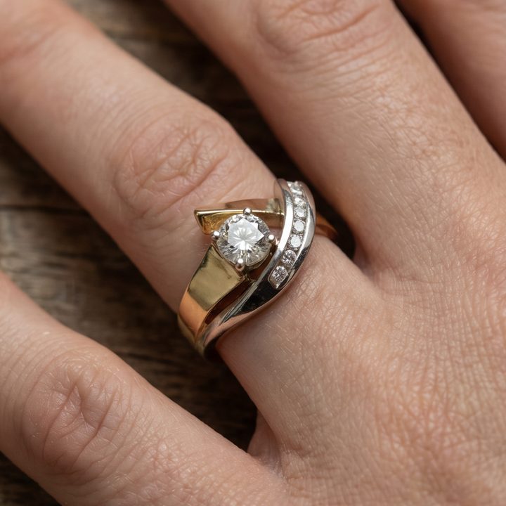 Retro Asymmetrical Gold and Silver Zirconia Ring