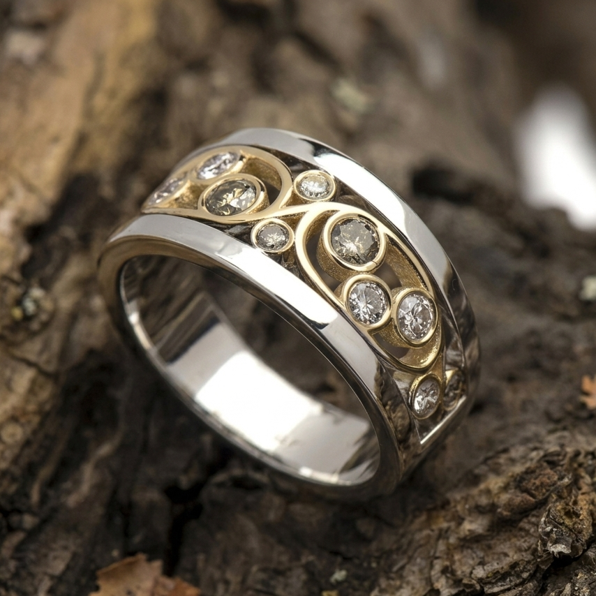 Retro Ivy Gold and Silver Zirconia Band