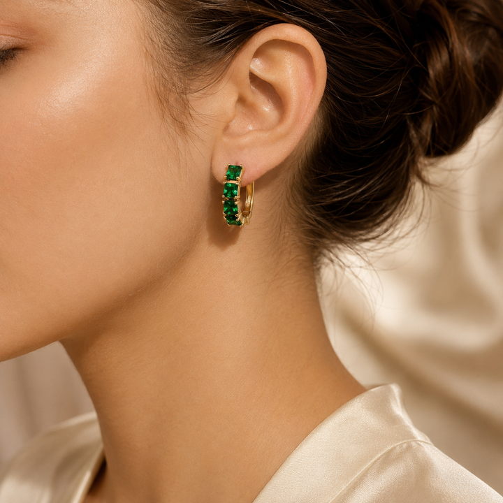 Emerald and Gold Bold Hoop Earrings