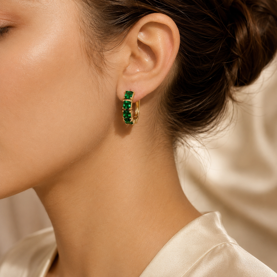 Emerald and Gold Chunky Hoop Earrings