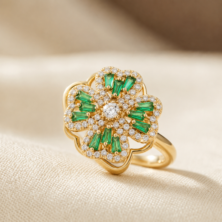 Gold Ring with Emerald Floral Design